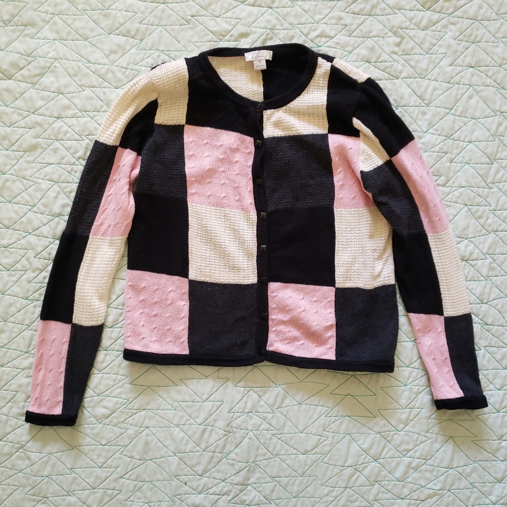 Christopher & Banks Pink Black Patchwork Ramie Cotton Cardigan Sweater